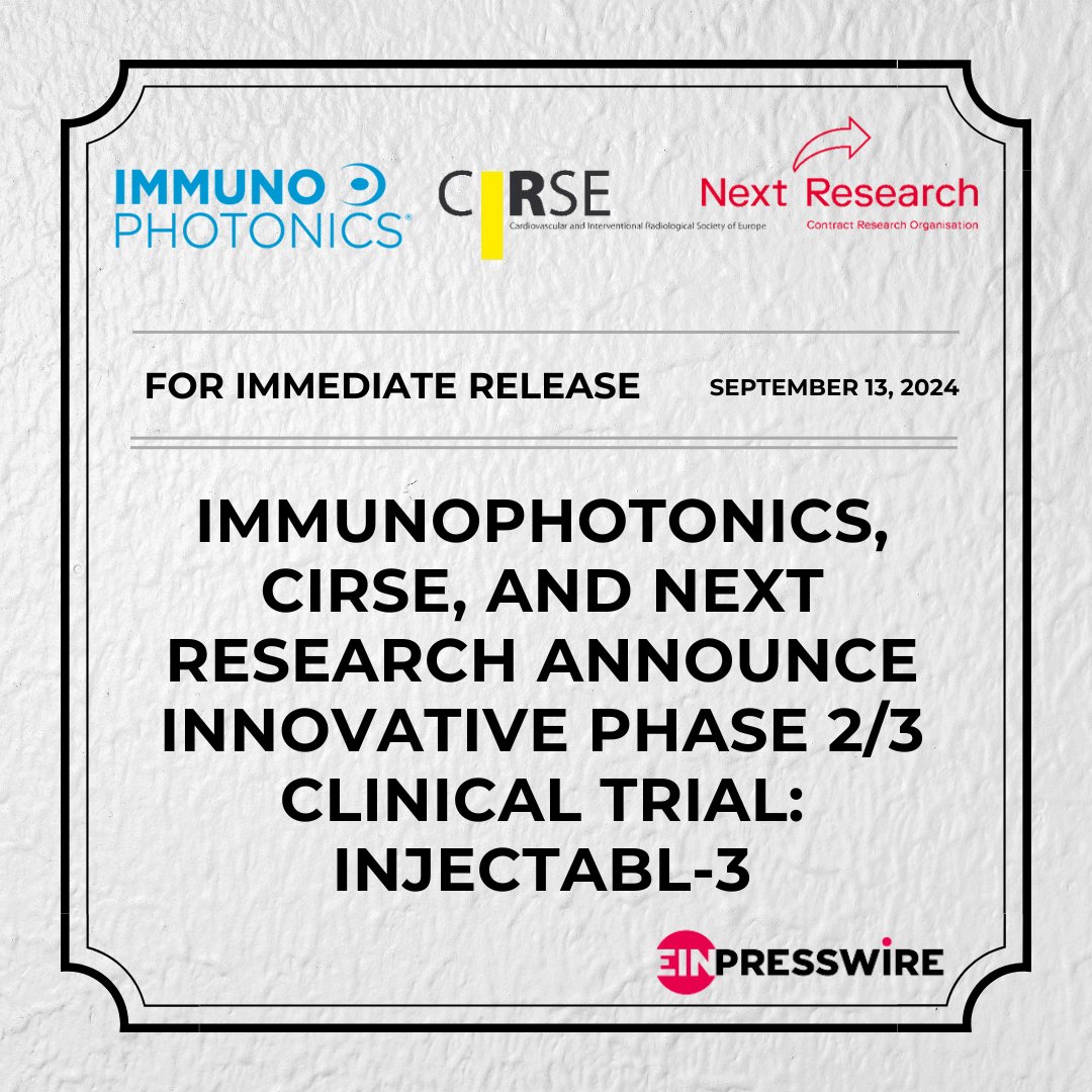 Immunophotonics Lu Alleruzzo, CEO &amp;Tomas Hode, PhD, CIO, &amp; President are pleased to announce a collaboration with CIRSE, support preparations for a groundbreaking Phase 2/3 clinical trial: INJECTABL-3. The trial will be managed by CIRSE’s CRO - Next Research.