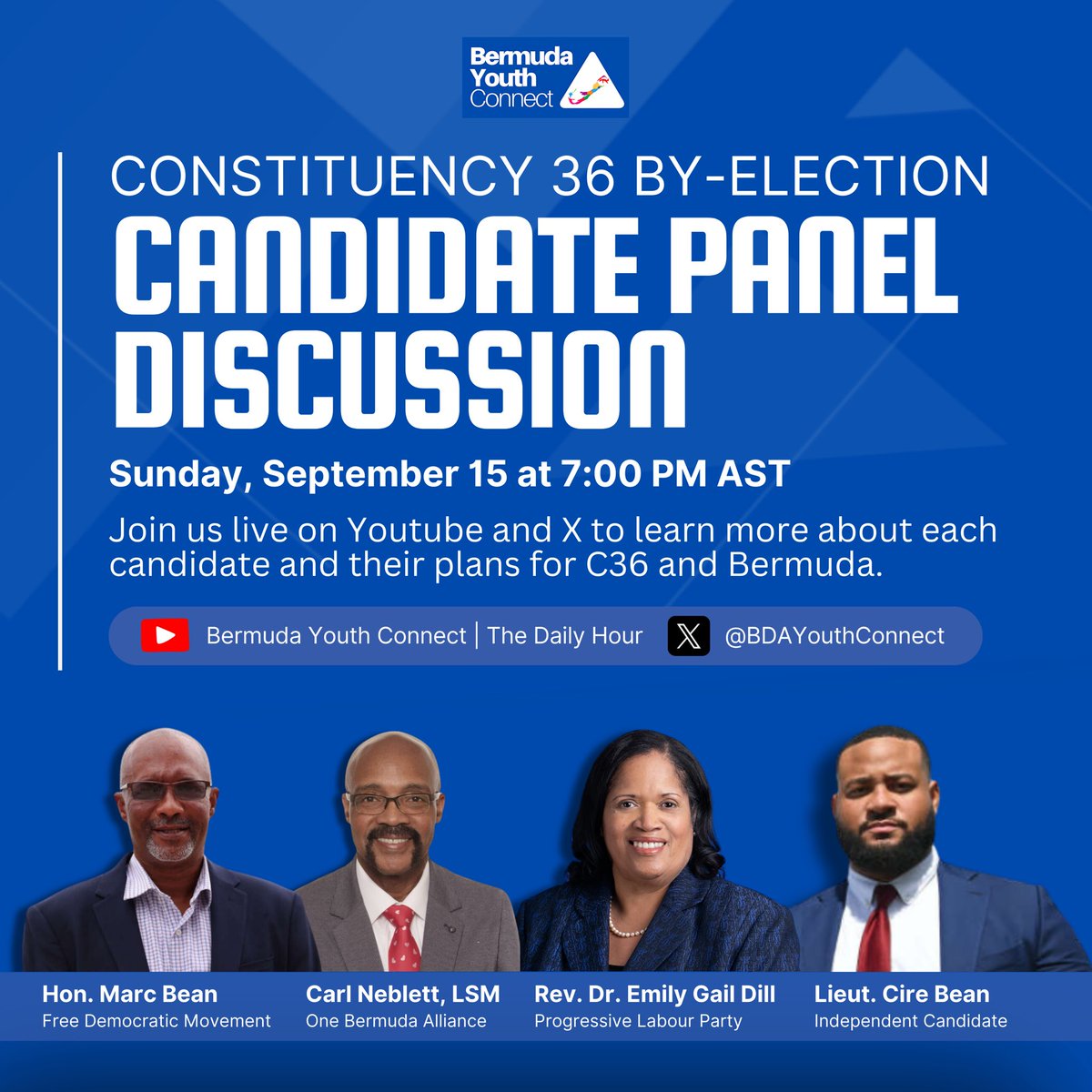 BDAYouthConnect's tweet photo. This may not be a debate, but we’re one step closer. We’re bringing all four C36 candidates together for a panel discussion. Send your questions and tune in LIVE on Sunday, September 15 @ 7PM 🇧🇲🗳️ https://t.co/fKvgk90qKg