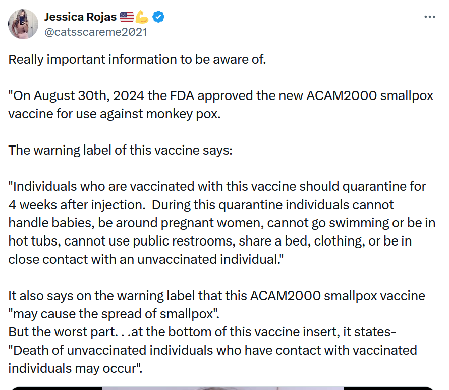 Gurdur's tweet photo. 1/n Many lies going around the Emergent Biosolutions #ACAM2000 vaccine for #smallpox & #monkeypox (for people at high risk) at this time. I'll debunk some of the crap here. A typical copy&paste effort is shown below.
cc.@the_beardedsina, @archaeo20, @amyalkon, @ElimikaWikiendi https://t.co/6XWsWOqfn3