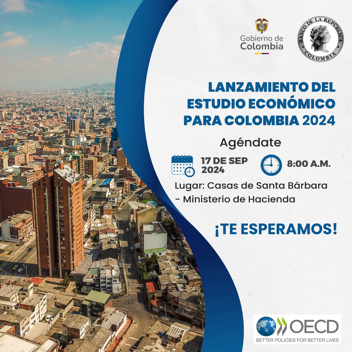 MinHacienda's tweet photo. El 17 de septiembre, junto al @DNP_Colombia, presentamos el "Economic Survey Colombia 2024".

Este informe de la @OCDEenEspanol ofrece un análisis detallado de la economía 🇨🇴, sus componentes productivos y políticas verdes.

Regístrate aquí 🔗 https://t.co/ZnJnj2Tfr7 https://t.co/F8Stm2QuQ8