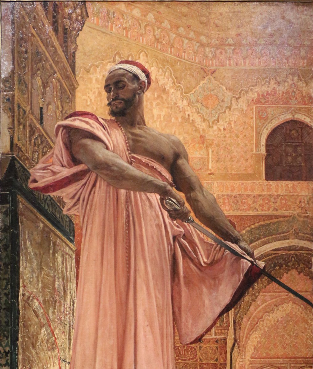 rolvatore's tweet photo. Execution without trial under the Moorish kings in Grenada (1870)
By
Henri Regnault (1843–1871) 

“Summary Execution under the Moorish Kings of Granada,” painted by Henri Regnault in 1870, is a dramatic oil-on-canvas artwork that measures 301 cm in height and 143 cm in width. The scene depicts a decapitation under the Moorish rulers of Granada, set against a backdrop inspired by the Alhambra, suffused with a sunset glow. The executioner, standing on a flight of marble stairs, wipes blood from his scimitar after striking down his victim. His calm demeanor contrasts with the gruesome act, as blood drips down the steps from the lifeless body and severed head.

The painting’s vibrant colors and detailed architectural elements contrast sharply with the horrific subject matter. Regnault’s fascination with arbitrary and exotic punishments, typical of Orientalist art, is evident. The executioner, a powerful and muscular figure, has been noted to carry an undertone of homoerotic fascination, a theme found in depictions of North African men in late 19th-century European art.

Technically, the painting blends hyper-realistic architectural details with expressive, chaotic elements, such as the splattered blood. Regnault reportedly threw red paint at the canvas to achieve a naturalistic effect. The work is known for its tension between the meticulous background and the grim fantasy scene in the foreground. While the painting has been praised for its technical mastery, it has also drawn criticism for its lack of sympathy and its melodramatic horror, provoking strong reactions from viewers and critics alike.

Currently housed in the Musée d’Orsay, this artwork exemplifies the Orientalist fascination with distant lands and cultures, often depicted through scenes of violence and splendor.