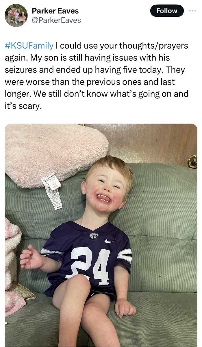SportyMcSports's tweet photo. Today’s #5dollarfriday is for the son of @ParkerEaves
BYU & Utah fans come together to support families of our opponents. BYU plays KSU next week so let’s donate to help with any needs that arise from these seizures.
Prayers up lil man! 💪
Please RT 🙏
Venmo: @devpayne https://t.co/NdXnppBl8H
