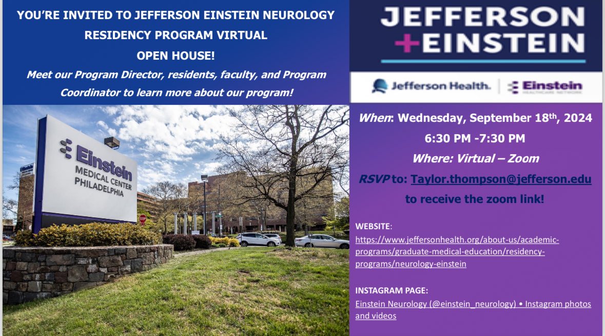 @NMatch2025 Please join us for our open house for the Neurology Residency Program at Jefferson Health Einstein Medical Center in Philadelphia. Please email Taylor.Thompson@jefferson.edu to RSVP.