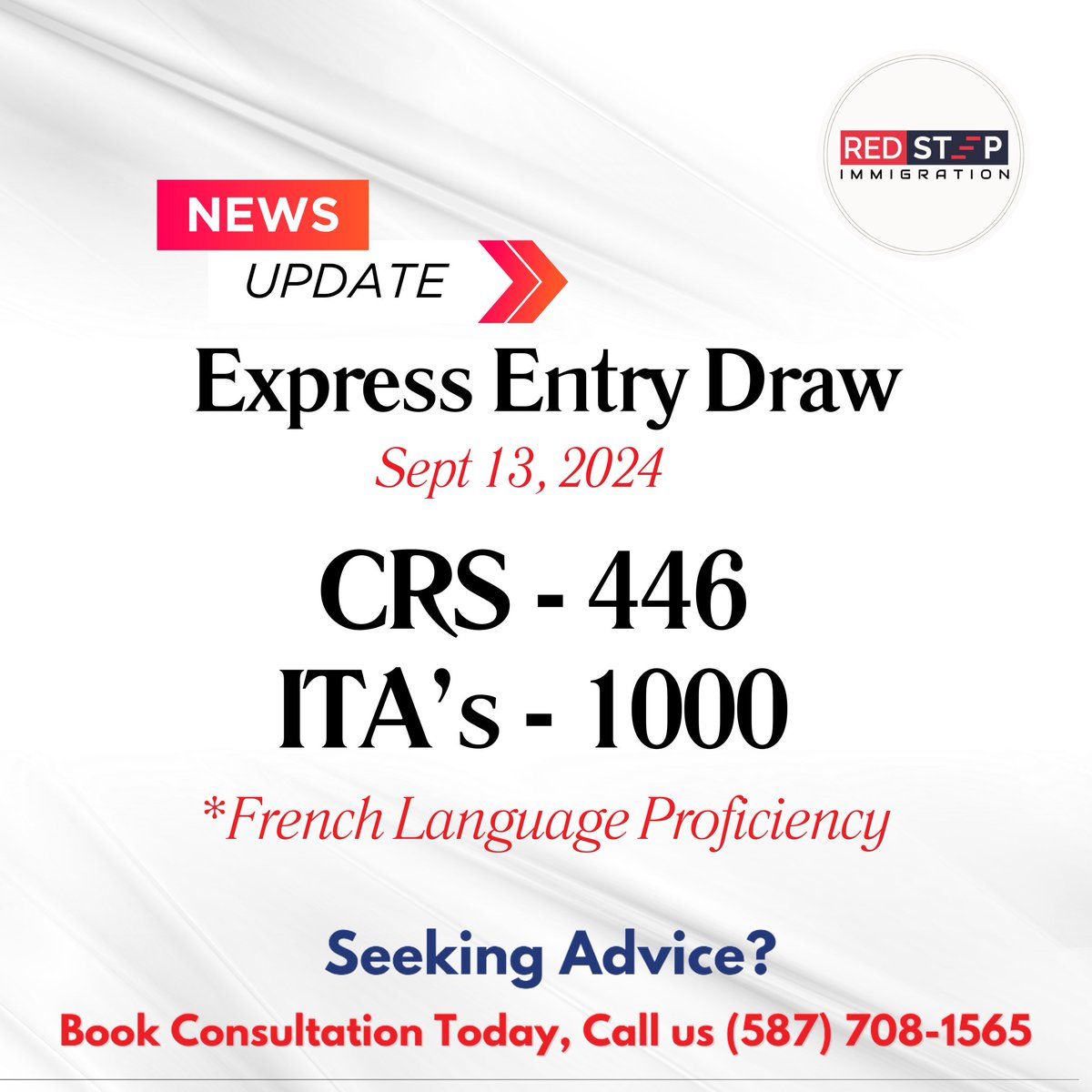 _Redstep's tweet image. Bonjour to a bright future! 📷 1,000 invitations issued with a CRS score of 446 in the latest French language proficiency draw. Speak French, unlock new doors to Canadian PR! 📷
Need guidance on how to qualify? We’re here to help! 📷

#redstepimmigration #ExpressEntry #PNP