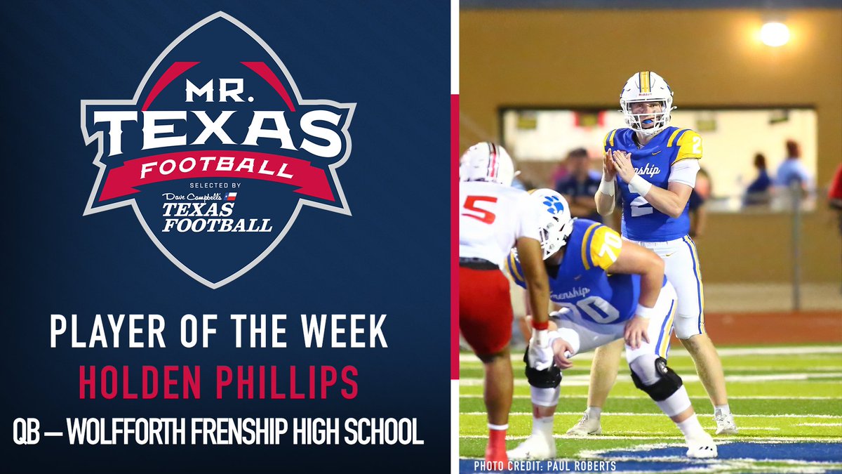 Mr. Texas Football (@mrtexasfootball) on Twitter photo Congrats to Wolfforth Frenship QB Holden Phillips for being named the Mr. Texas Football Player of the Week for Week Two!
532 yards, 8 TDs passing
<a href="/dctfl/">Doreen Francis</a> #txhsfb Congrats to Wolfforth Frenship QB Holden Phillips for being named the Mr. Texas Football Player of the Week for Week Two!
532 yards, 8 TDs passing
<a href="/dctfl/">Doreen Francis</a> #txhsfb
