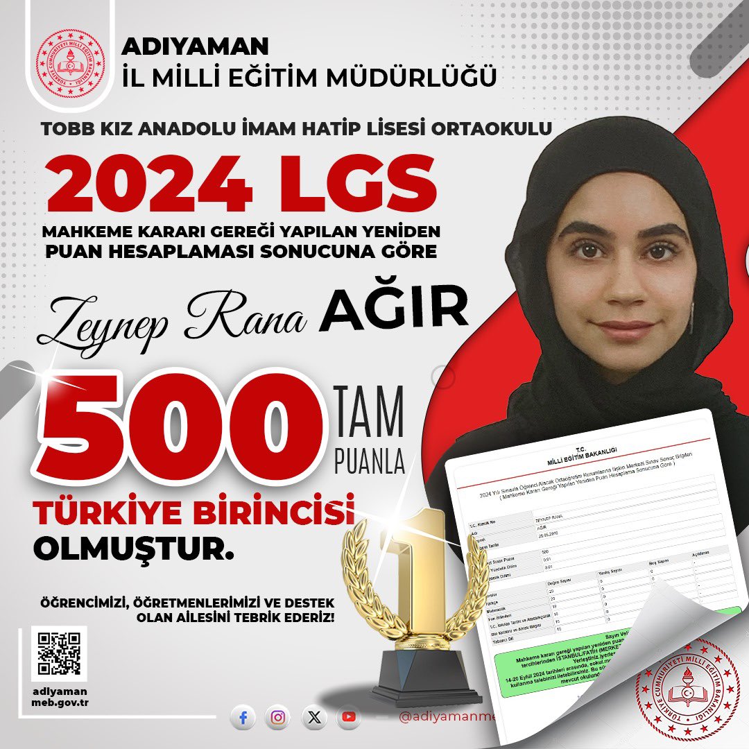 adiyamanmem's tweet photo. Mahkeme kararı gereği yapılan yeniden puan hesaplaması sonucunda, öğrencimiz Zeynep Rana Ağır 2024 LGS’de 500 tam puan alarak Türkiye birincisi olmuştur. Öğrencimizi bu büyük başarısından dolayı tebrik ediyoruz.

Bu başarıda emeği geçen TOBB Kız Anadolu İmam Hatip Lisesi Ortaokulu öğretmenlerimize, okul yönetimine ve öğrencimizin ailesine teşekkür ederiz.

Adıyaman İl Milli Eğitim Müdürlüğü olarak, öğrencimizin bundan sonraki tüm eğitim hayatında başarılarının devamını diliyor, emeği geçen tüm eğitim paydaşlarımızı tebrik ediyoruz.