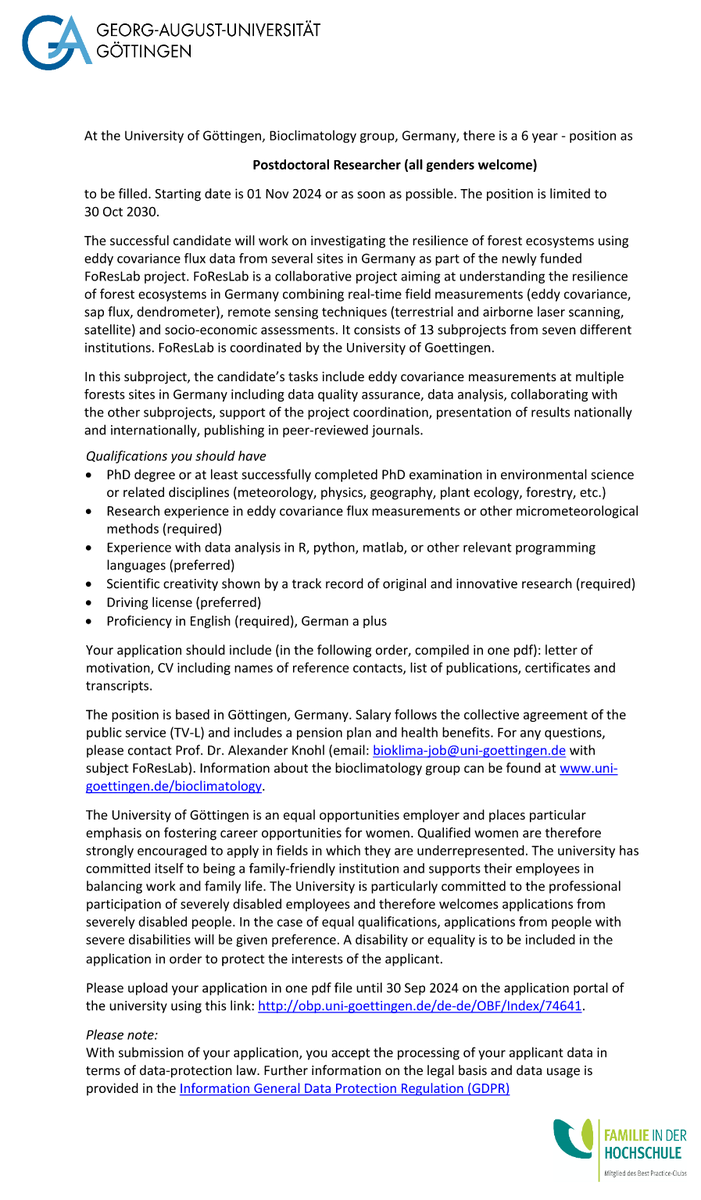 Exciting new 6-year #postdoc position in our group, working on eddy covariance measurements as part of the FoResLab project. Investigating forest ecosystem resilience in Germany. Starting Nov 2024. Application deadline 30 Sept 2024 #postdocposition #ClimateResearch