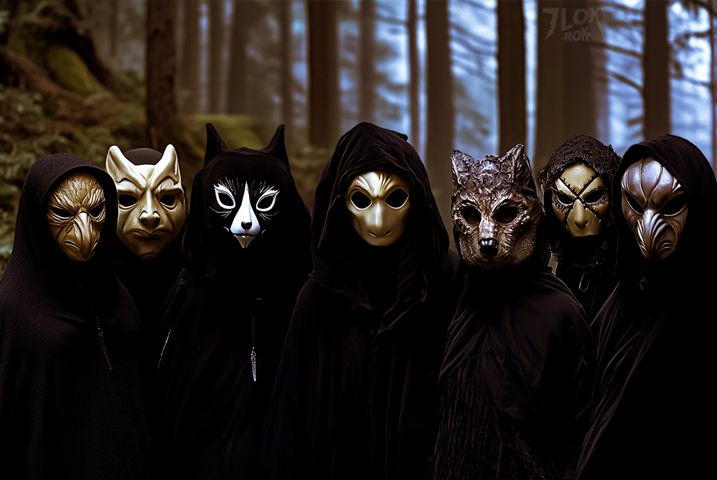 In the ancient woods, we, the seven of 7LoxRok, drift silently, masked and hidden. The forest whispers secrets as we reconnect with its dark energy. Can you tell which masked figure is me, Louise? #GothicRitual #7LoxRok