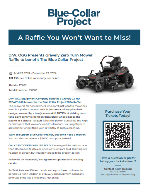 BlueCollarP2022's tweet photo. Exciting News from the Blue Collar Project 2024! We are thrilled to announce that D.W. OGG Equipment Company is generously donating a Gravely ZT HD STEALTH 60 Mower to our raffle this year! 
#BlueCollarProject
#GravelyMower 
#Raffle 
#SupportACause 
#CommunityImpact https://t.co/B9jAruO5J6