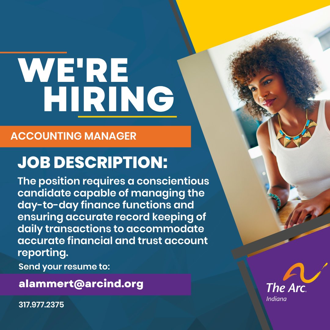 We're hiring! The Arc of Indiana is hiring an Accounting Manager. If you're interested, please head to arcind.org/job-openings/ to learn more!

#WeAreHiring #JoinTheTeam
