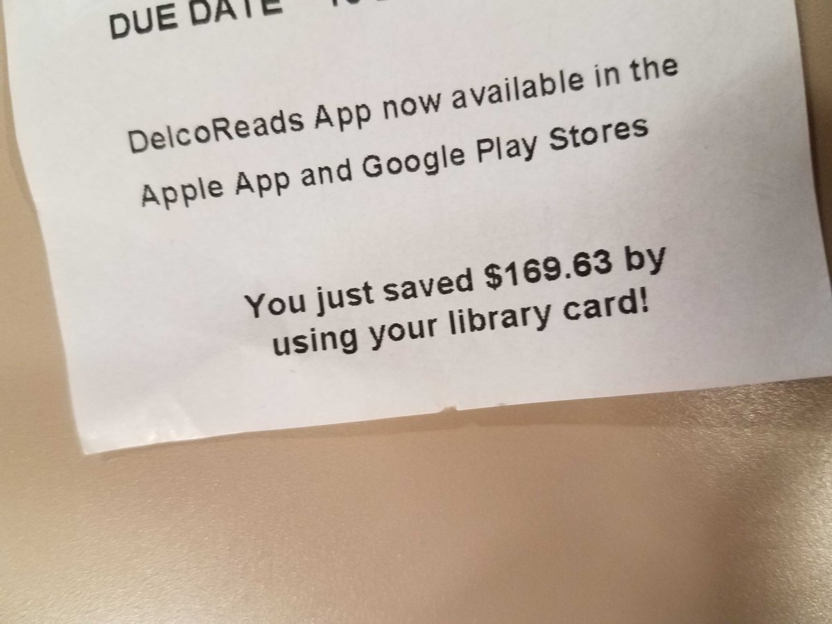 delcolibraries's tweet photo. #DYK? One of the biggest benefits to having a #LibraryCard is that it saves you π²π²! How much? Just check the bottom of your checkout receipt! Don't have a card? Get one today & start saving! https://t.co/jjs88sCEGh
#LibrariesSaveYouMoney
#DelcoLibraries
#LibraryCardSignUpMonth https://t.co/Nwvoob9kdc