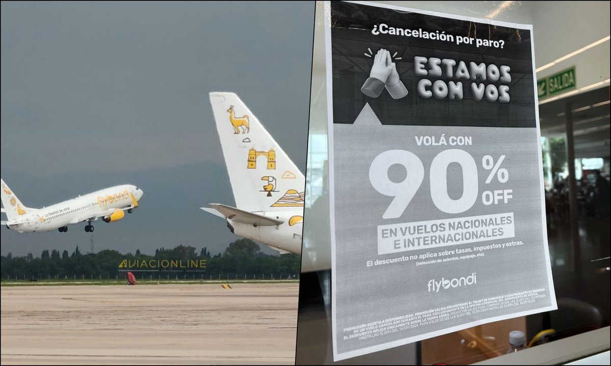 aviacionline's tweet photo. Flybondi ofrece pasajes con 90% de descuento a quienes tienen vuelos cancelados con otras aerolíneas por el paro https://t.co/NJVjM82MZf https://t.co/s0vKtar8g8