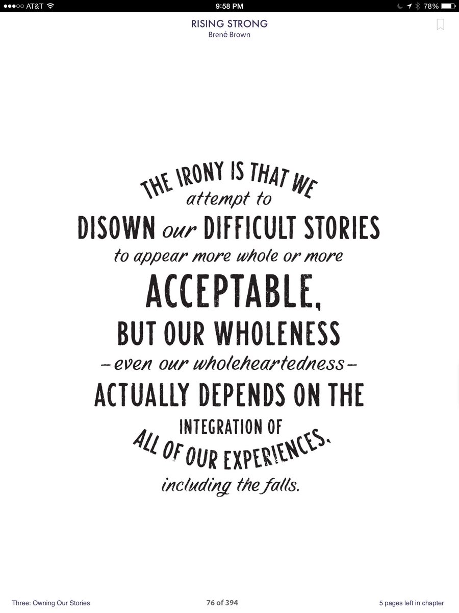 SLL079's tweet image. Just finished Rising Strong by Brene Brown. Huge fan of her work. I find she engages my brain with her rich research and data and my heart with her vulnerability and storytelling. I will be returning to this book as there is so much treasure. Thank you @BreneBrown