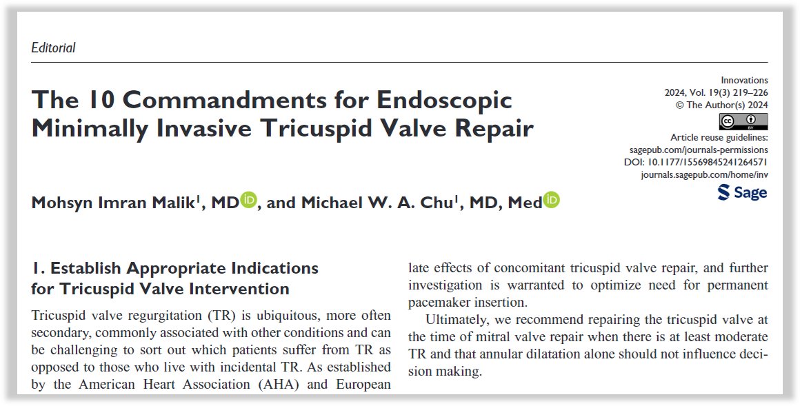 1⃣st article in our Vol 19, Issue 3 Focused Topic Series, Drs <a href="/MohsynM/">Mo Malik</a> <a href="/MichaelMwachu/">Michael Chu</a> from <a href="/LHSCCanada/">London Health Sciences Centre</a> share their 10 Commandments for endoscopic minimally invasive tricuspid valve repair

Read free: doi.org/10.1177/155698…