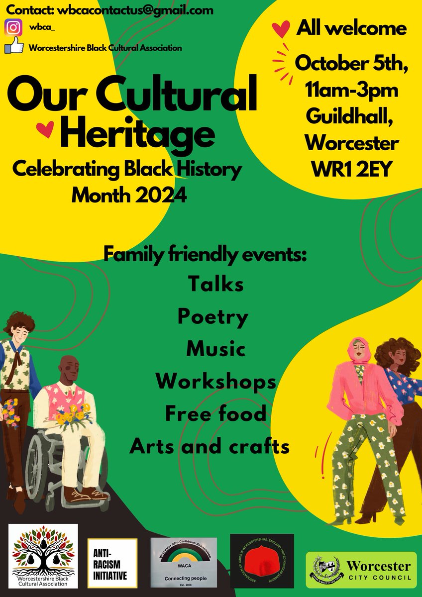 Worcester is celebrating Black History month this year in style! 
Join us for a short flag raising ceremony at 4pm on Tuesday 1st October then bring the family along to the Guildhall for food, poetry, art and music with crafts for the kids on Saturday 5th October, 11am to 3pm.