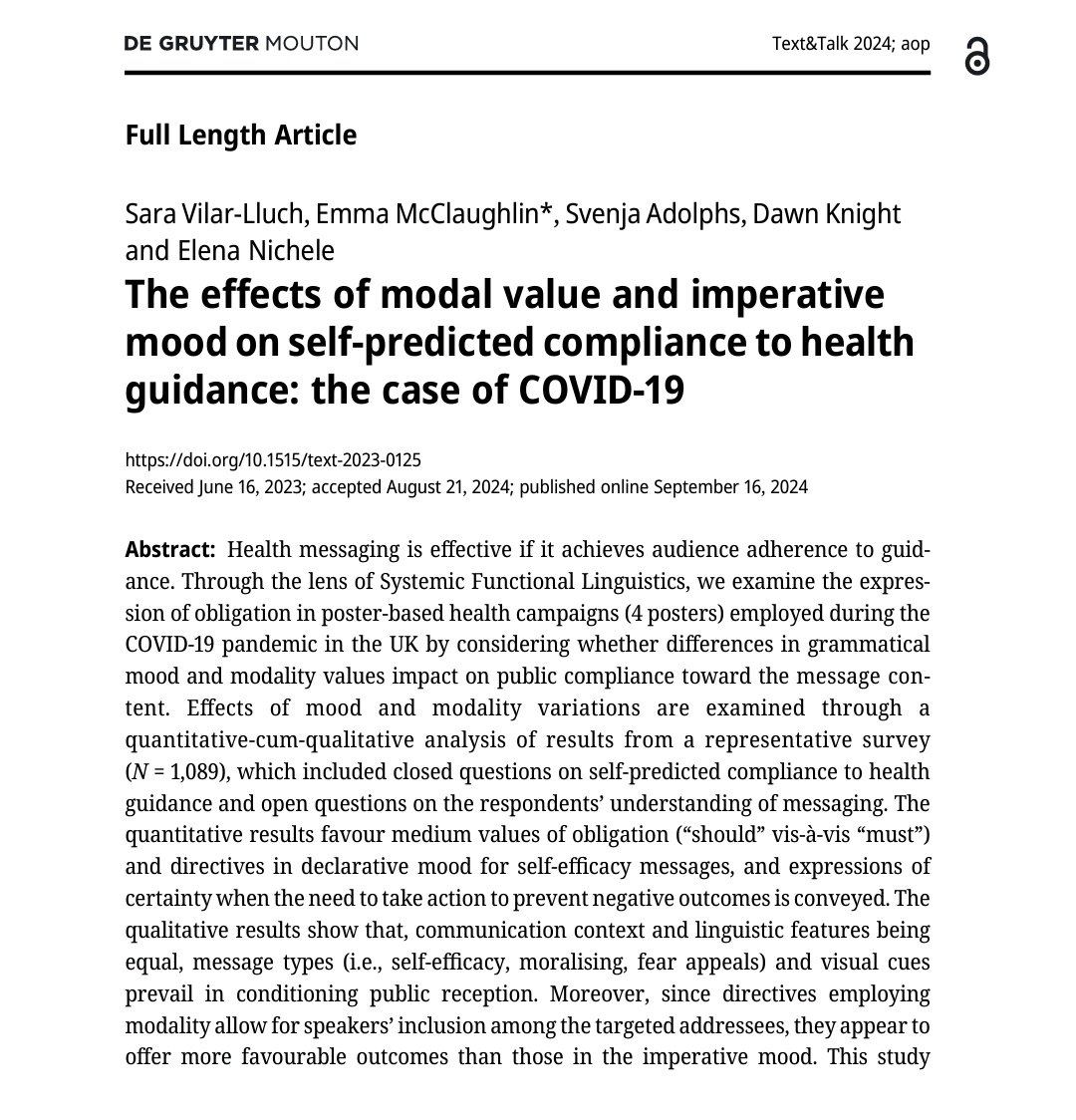 ✨ New <a href="/c19comms/">C19comms</a> paper ✨
'The effects of modal value and imperative mood on self-predicted compliance to health guidance' With Emma McClaughlin (@EmmaMcClaughlin ), Svenja Adolphs (<a href="/SvenjaUK/">Svenja Adolphs</a> ), Dawn Knight (<a href="/nottyknight/">Dawn Knight</a> ) and Elena Nichelle doi.org/10.1515/text-2…