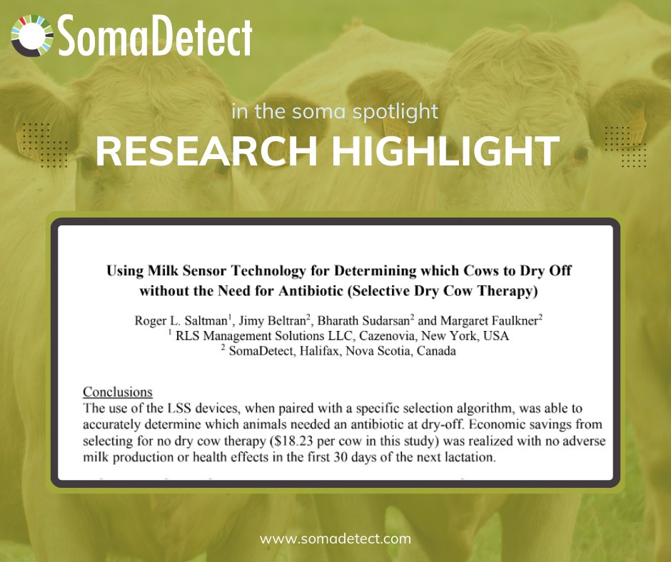 📢 New Research Highlight: Using SomaDetect’s Milk Sensor Technology for Selective Dry Cow Therapy (SDCT) 🐄💡

We’re thrilled to share the findings of a groundbreaking study led by Dr. Roger Saltman, a respected veterinary consultant. The research showcases how SomaDetect’s
