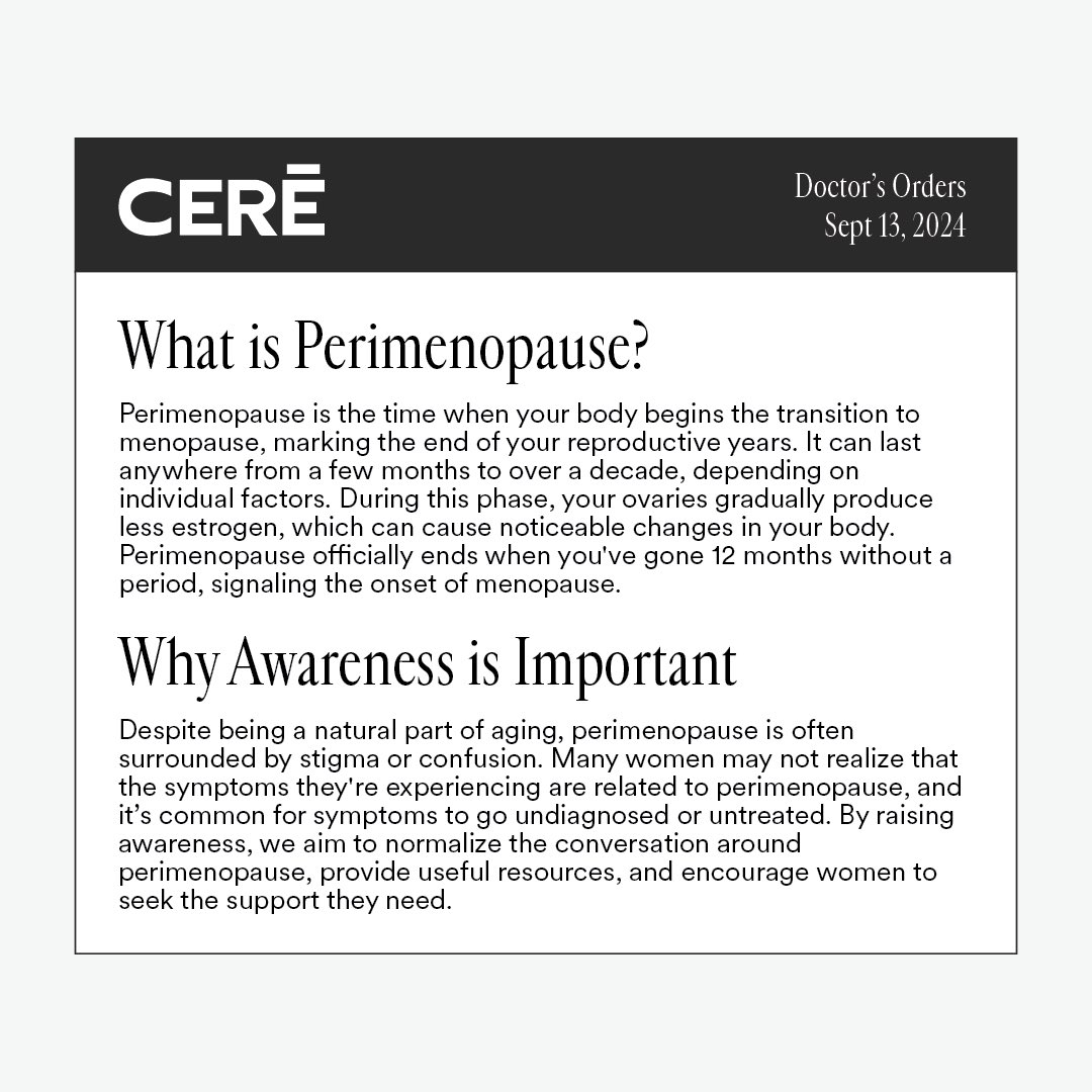 getcere's tweet photo. September is Sexual Health Awareness Month but did you know it's Perimenopause Awareness Month as well?⁠ At CERĒ, we believe that every stage of life should be embraced and celebrated. Perimenopause Awareness Month is a perfect opportunity to learn, share and support one another https://t.co/gYWjiHACuv