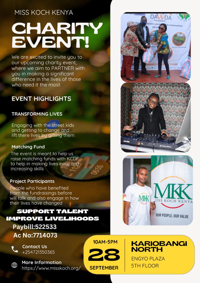 Am inviting you all come support this noble event creating livelihood through training skill. <a href="/MissKochKenya/">Miss Koch Kenya</a> <a href="/KCDF/">Kenya Community Development Foundation</a> <a href="/ChildFundKenya/">ChildFund Kenya</a> <a href="/namelesskenya/">Namelessmusic™</a> <a href="/cr8vesgarage/">Creatives Garage</a> @elonmus