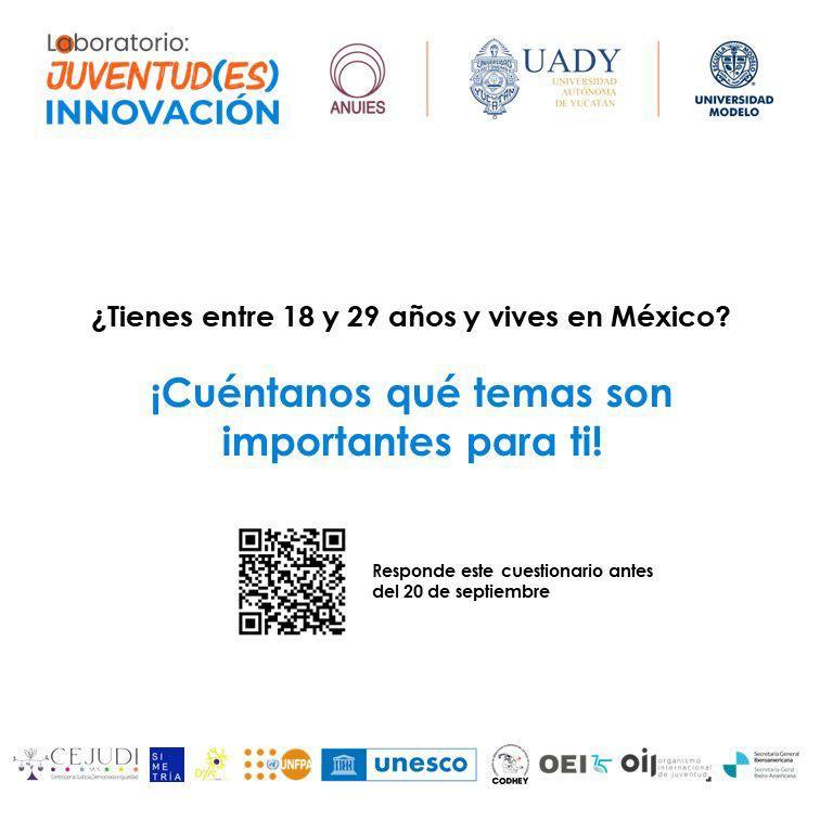 El Laboratorio "Juventud(es) Innovación" está en busca de jóvenes de entre 18 y 29 años que vivan en México para saber qué temas son importantes para ustedes.

Tienen hasta el 20 de septiembre para responder el siguiente cuestionario📋:  es.surveymonkey.com/r/LabJuventude…
