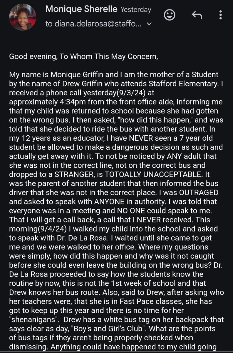 MsGriffin10's tweet photo. My Child was Misplaced and My Main Concern was pushed to the side, not resolved! @StaffordMSD @SMSDElementary The Principal Deflected the conversation from my child slipping through the cracks and getting on a different bus, to her behavior...@abc13houston @KPRC2 @SamicaKnight13 https://t.co/UxSsOfoLVB