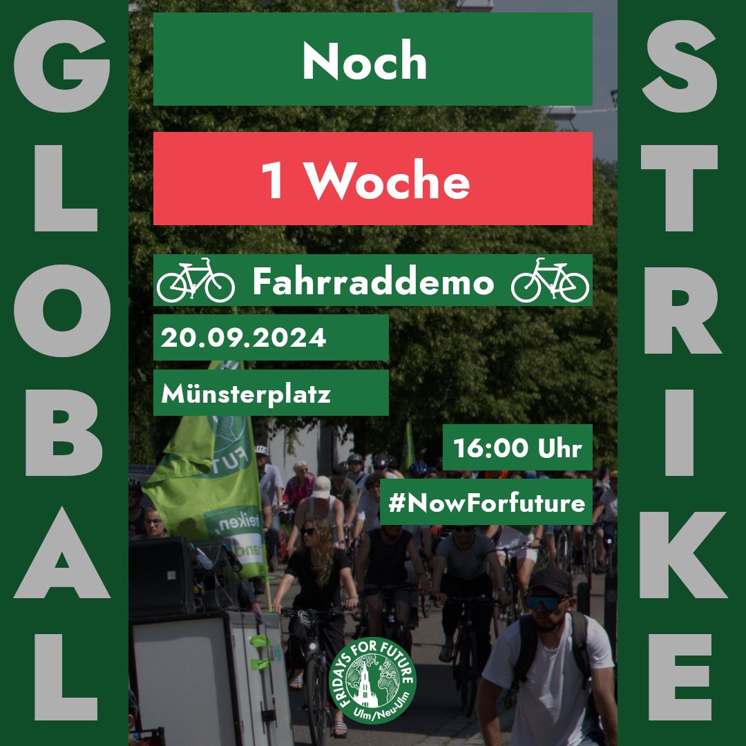 Noch eine Woche bis zum #Globalstrike! 🚴‍♀️ Am 20. September geht es los: Gemeinsam auf die Straßen und für den Klimaschutz kämpfen! Seid dabei und schließt euch unserer #Raddemo in Ulm und Neu-Ulm an.

🗓 20. September
🕓 16 Uhr 
📍 Münsterplatz

#nowforfuture #fridaysforfuture