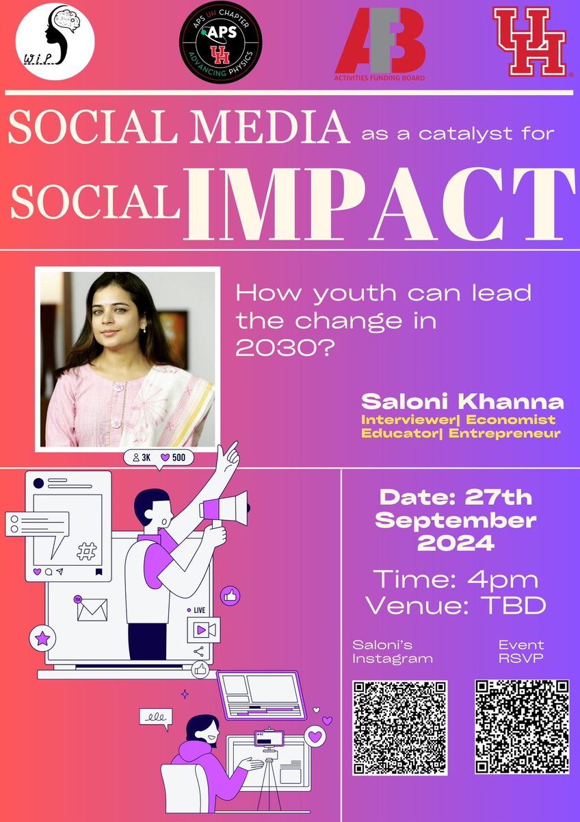 WiPS-UH (@wips_uh) on Twitter photo We’re honored to host <a href="/saloniikhanna/">TheSaloniKhanna</a> an inspiring interviewer, economist, educator, and entrepreneur, as she dives into the topic of Social Media as a catalyst for social impact : How Youth Can Lead the Change in 2030?
September 27, 2024
4:00 PM onwards
Venue TBD We’re honored to host <a href="/saloniikhanna/">TheSaloniKhanna</a> an inspiring interviewer, economist, educator, and entrepreneur, as she dives into the topic of Social Media as a catalyst for social impact : How Youth Can Lead the Change in 2030?
September 27, 2024
4:00 PM onwards
Venue TBD