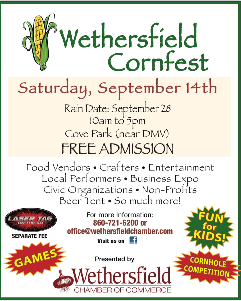 WethersfieldCT's tweet photo. Tomorrow!!! Don't miss out!
#wethersfieldct #cornfest #vendors #food #music #entertainment #familyfun #community #corn #MakeYourDayHistoric #HistoricWethersfield https://t.co/Ah86hOUNT2