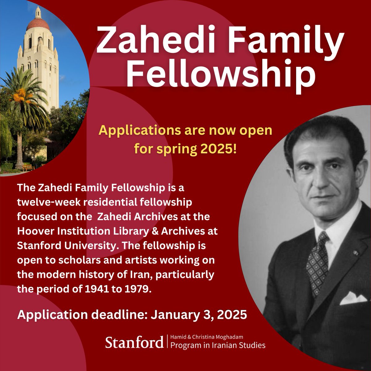 📢 Applications for Spring 2025 Zahedi Family Fellowship are now open! 

🗓️ Deadline to apply: January 3, 2025.

The fellowship focuses on conducting research on modern #Iran and the #Zahedi Archives housed <a href="/HooverArchives/">Hoover Institution Library & Archives</a>.

ℹ️ Application and info: bit.ly/484EAZf