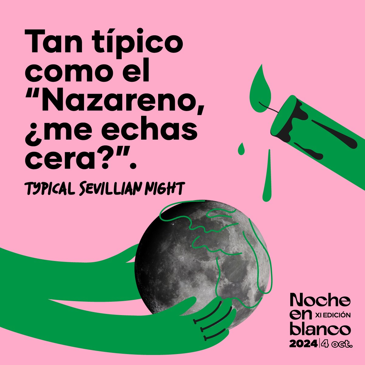 nochenblanco's tweet photo. 🕯️🌙 "Nazareno, ¿me echas cera?"… ¡Si eres de Sevilla, seguro que lo has dicho mil veces! Así de típico es, como lo será el 4 de octubre en la #NocheenBlancoSEV. Una noche donde lo #TypicalSevillianNight brilla más que la bola de cera que hacías de pequeño. ¡No te la pierdas! 🌕 https://t.co/Es2e1NfFZ0
