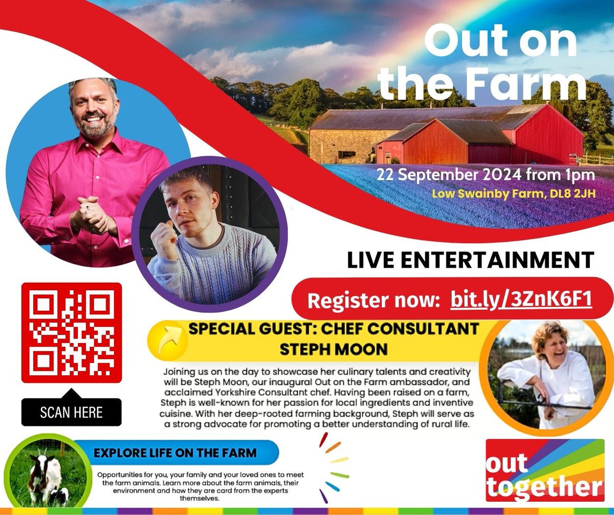 OutTogetherLGBT (@outtogetherlgbt) on Twitter photo Out on the Farm 22 Sep 1pm Join us at Low Swainsby Farm for amazing entertainment, special guest chef <a href="/stephaniejmoon/">Steph Moon</a> as well as great food & drink + a chance to explore the farm.
Register now for your FREE place: bit.ly/3ZnK6F1
#QueeringFarming #Agrespect #MikePotter Out on the Farm 22 Sep 1pm Join us at Low Swainsby Farm for amazing entertainment, special guest chef <a href="/stephaniejmoon/">Steph Moon</a> as well as great food & drink + a chance to explore the farm.
Register now for your FREE place: bit.ly/3ZnK6F1
#QueeringFarming #Agrespect #MikePotter