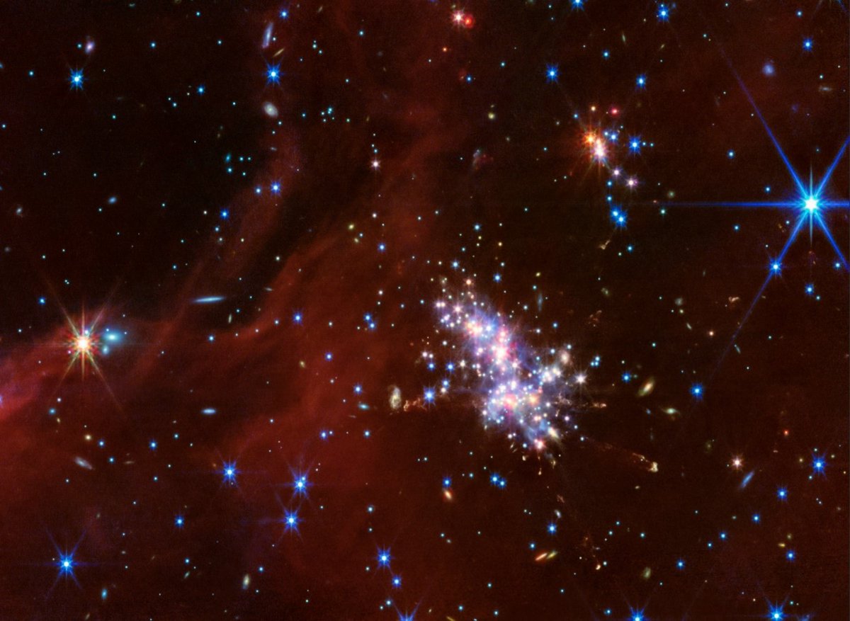 NASAJPL's tweet photo. Studying star formation... in the Extreme Outer Galaxy 🤯

@NASAWebb peered into this rural area more than 58,000 light-years away from our Milky Way Galaxy’s center – and it's just the starting point: https://t.co/uK2LQhZJov https://t.co/3n9CwA09Ht