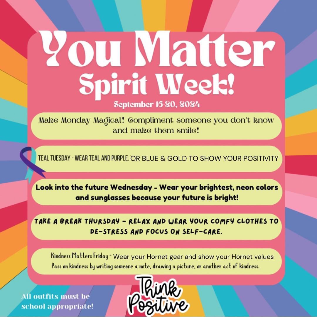 HARPURSVILLE CSD (@hcshornets) on Twitter photo YOU MATTER WEEK: Take a look at how you can participate in 'You Matter Spirit Week' starting on September 15th and running through the 20th. YOU MATTER WEEK: Take a look at how you can participate in 'You Matter Spirit Week' starting on September 15th and running through the 20th.