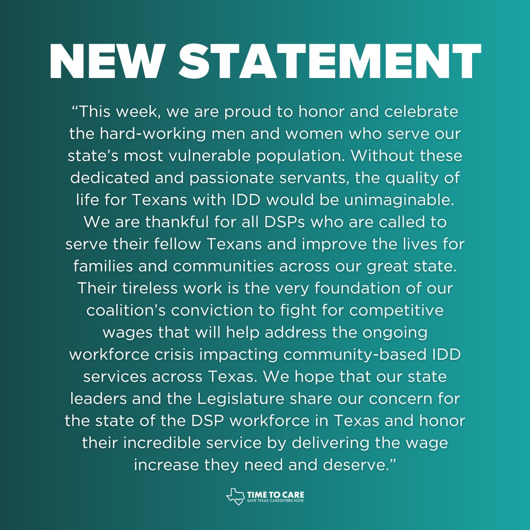 TimetoCareTexas's tweet photo. We’re proud to highlight the men and women who embody what it means to be a servant leader by caring for Texans with intellectual and developmental disabilities (IDD) this #DSPRecognitionWeek. #txlege

Discover more ↓
https://t.co/beCczMNOP6 https://t.co/Oji79LinHw