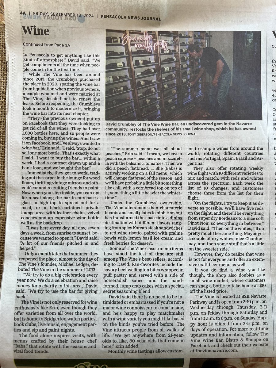 Navarre_Beach's tweet photo. Check out page 2 today in The Pensacola News Journal about The Vine Wine Bar, Bistro &amp; Shoppe.  Our secret is now out!  #thevinenavarre #winebar #pensacolanewsjournal https://t.co/eIABjU9135
