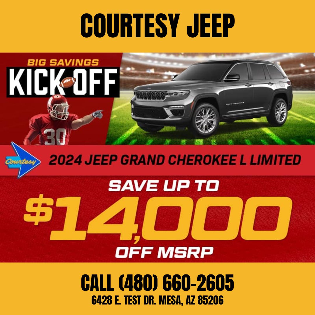 Is your family ready for a new adventure? Save up to $14,000 on the 2024 Jeep Grand Cherokee L Limited! How will you make the most of your journey? 🏞️🚙 #JeepGrandCherokee #SUVLife #FamilyAdventures

Shop For Yours at 👉 courtesyjeepsuperstitionsprings.com/new-vehicles/g…