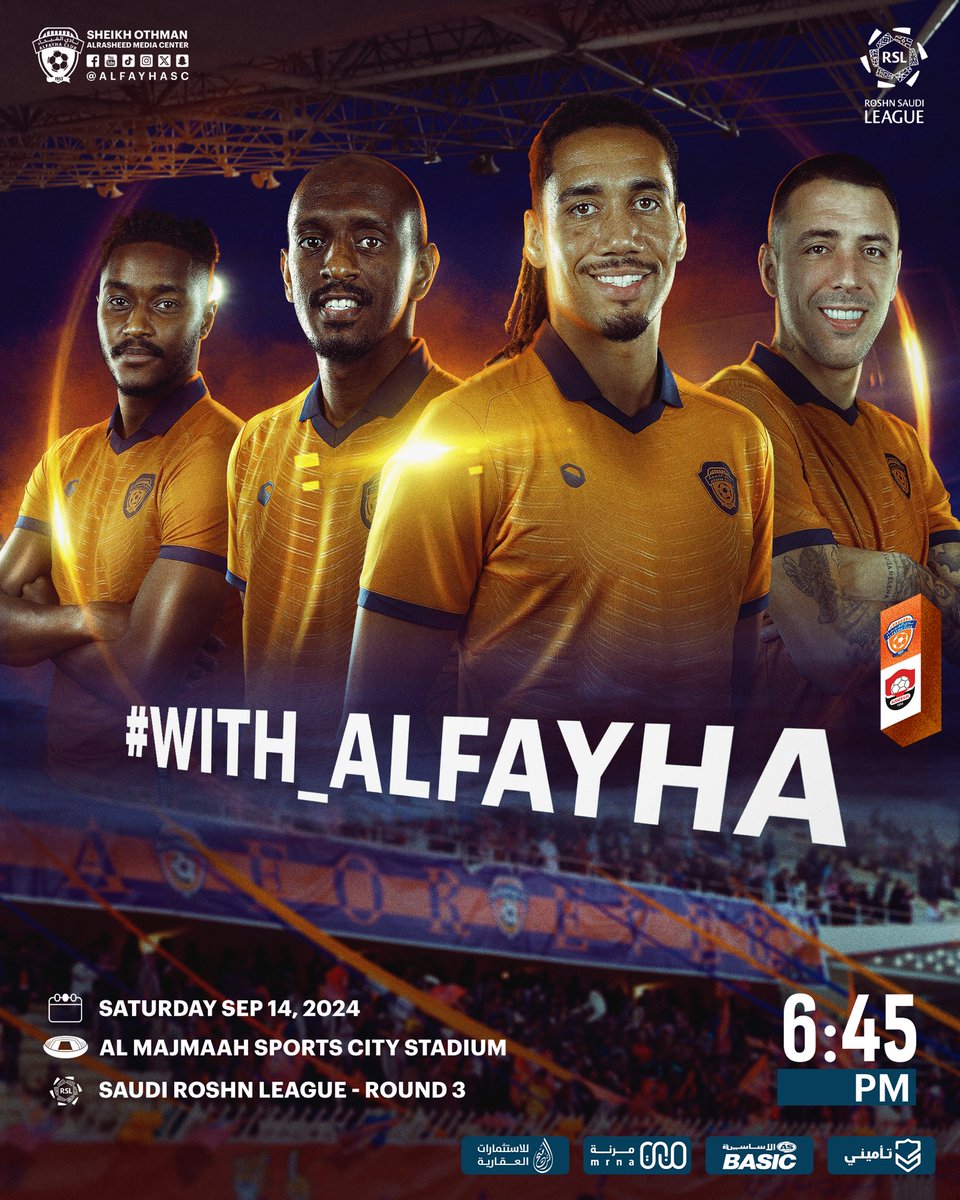 ⚽️ Tomorrow , Saturday,
#Alfayha vs #AlRaed in AlMajma’ah
for Round 3 of the #RoshnSaudiLeague

#with_alfayha