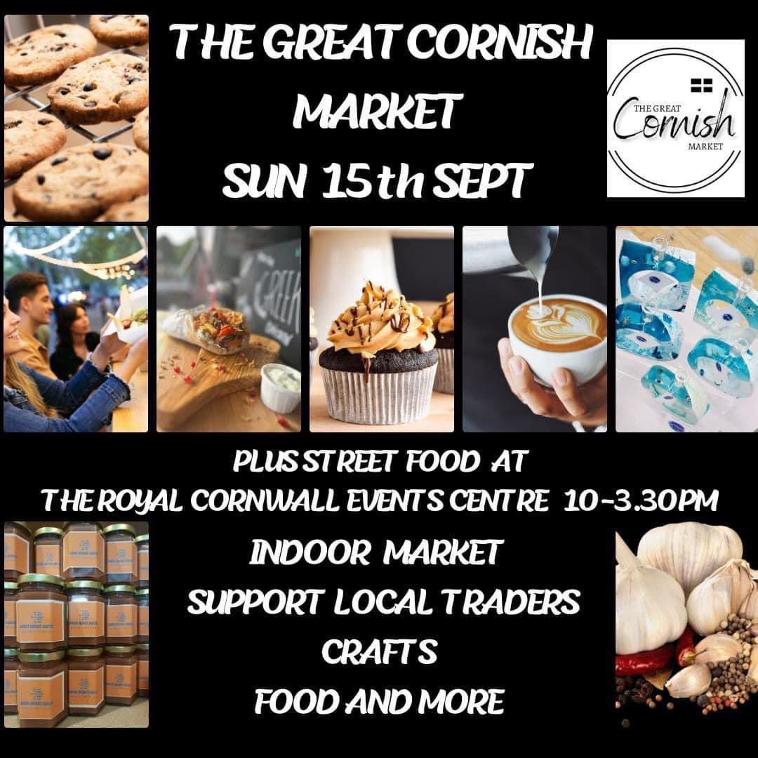 The Great Cornish Market returns to the Royal Cornwall Events Centre after a summer break on Sun 15th Sept 10-3pm 
Dog friendly 
Street Food 
Free parking 
Fabulous local companies 
#shopping #crafts #streetfood #supportlocal #wadebridge