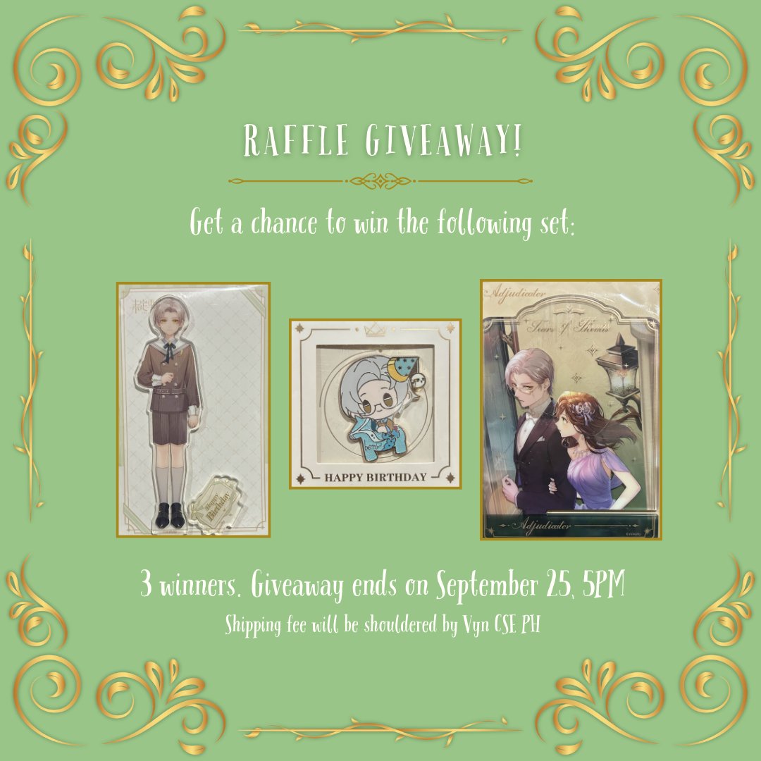 VynCSEph's tweet photo. 🎩🚪Raffle Giveaway🍵🌹

It's almost time for our favorite psychologist's birthday; how fast time flies! Join us in celebration with a raffle giveaway!

GA closes on September 25, 5PM GMT+8
*For PH residents only https://t.co/2ibrZXqGP6