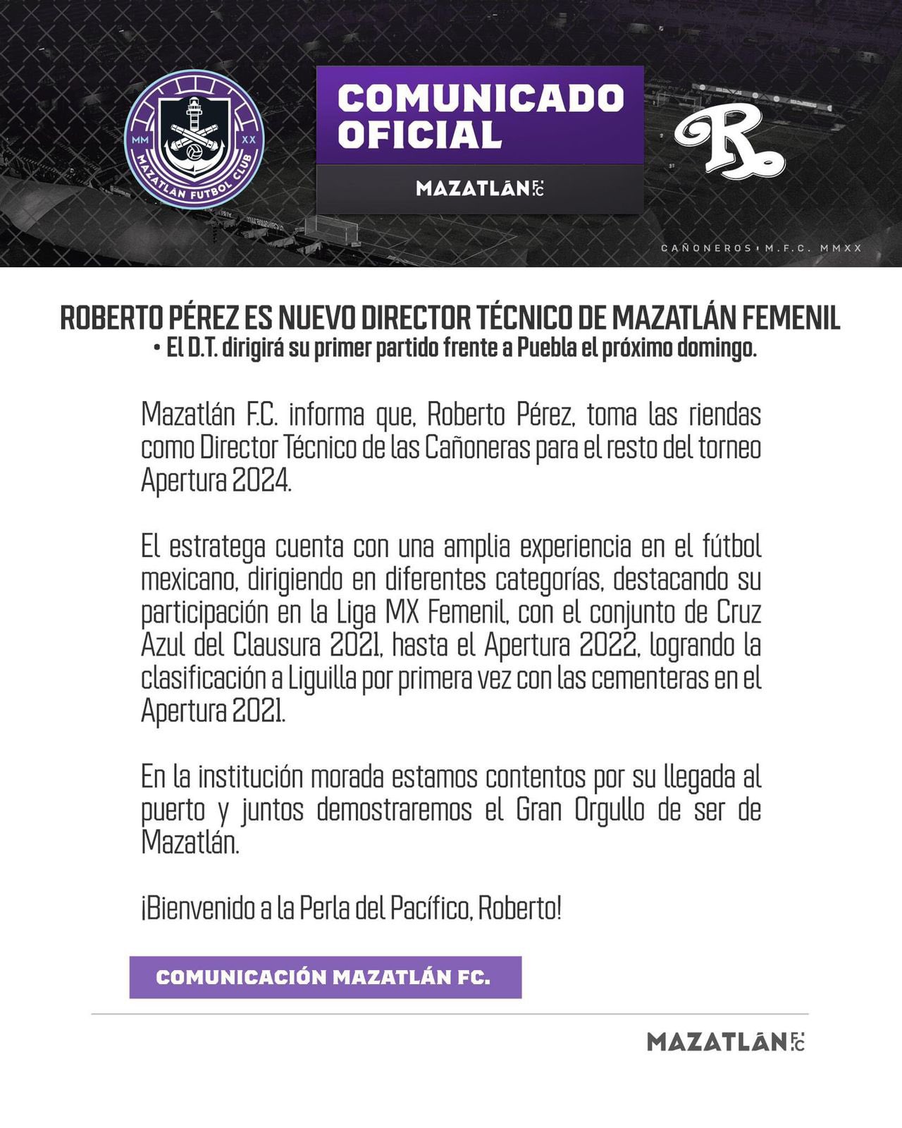 La mención a Cruz Azul por parte del Mazatlán Femenil en la presentación de Roberto Pérez. Noticias en tiempo real