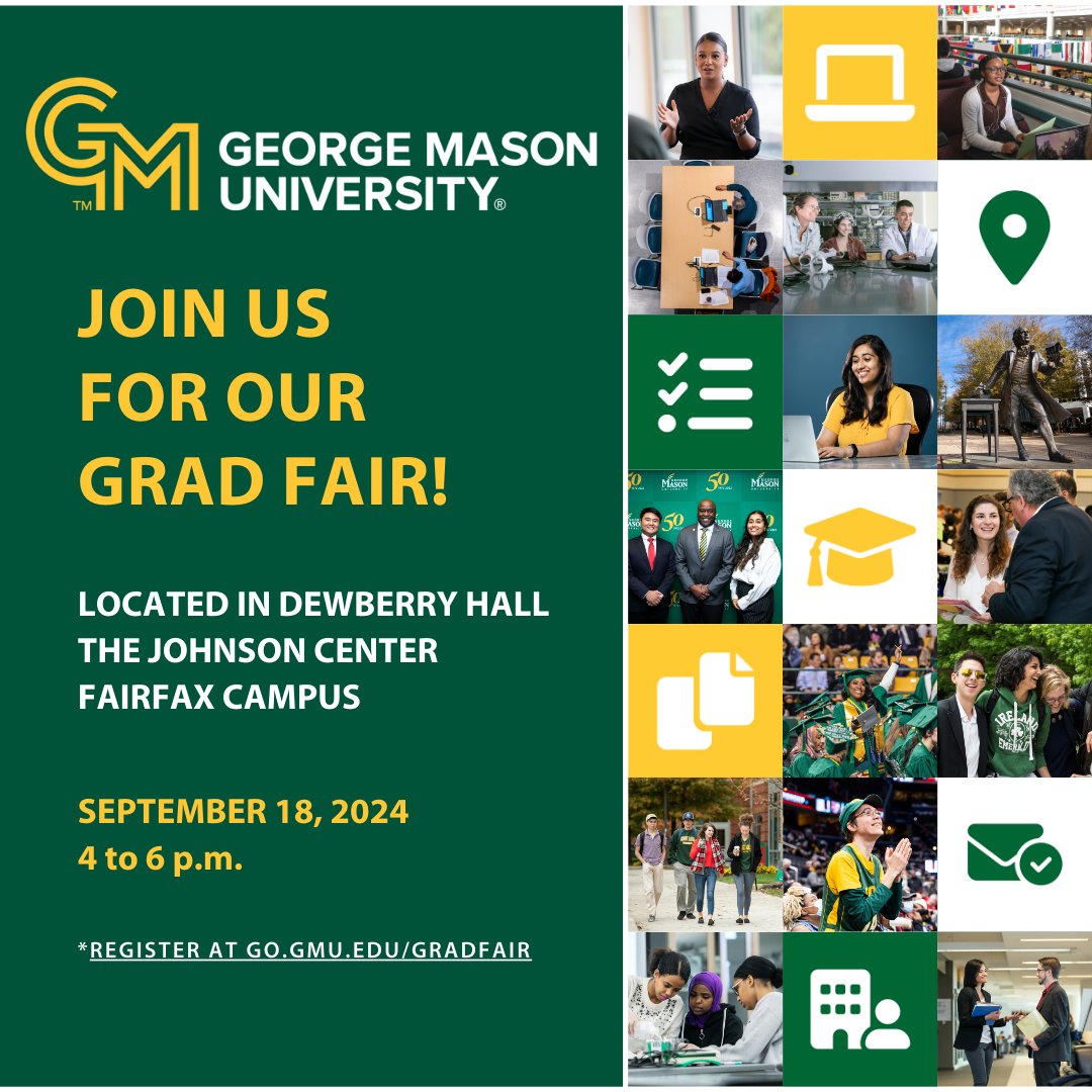 Attend Mason's Grad Fair on Wed 9/18 to learn more about our three graduate programs!

MS in Criminal Justice
MA in Criminology, Law and Society
PhD in Criminology, Law and Society

cls.gmu.edu/our-graduate-p…