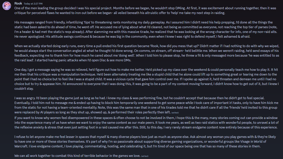 rookuri_'s tweet photo. Years ago, I thought about adding endgame prog to my stream. I joined a group that was supposed to be about having fun with friends. It became one of the worst experiences I've ever had in my years as a content creator.

Want to know why women don't feel welcome? Read on... https://t.co/lBzdV1HKNc