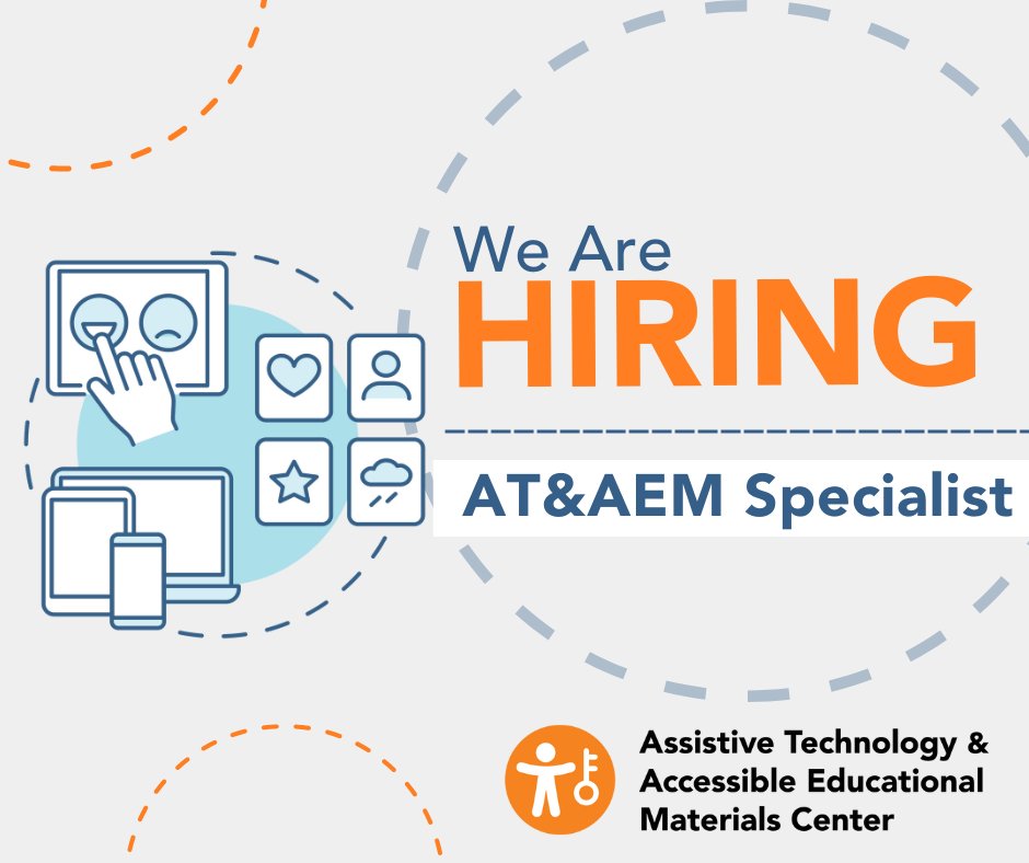 ataem_ocali's tweet photo. Now hiring an AT&amp;AEM Specialist with expertise in providing services to students and adults with a broad range of disabilities, who can help boost access to assistive technology and accessible educational materials. 

Apply today!

https://t.co/hQsFMmJID5 https://t.co/KLK8WiLqlP