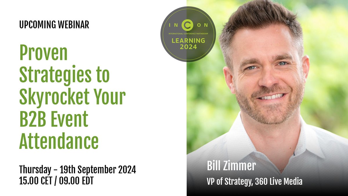 INCON Group (@incongroup) on Twitter photo π #INCONLearning: Proven Strategies to Skyrocket Your B2B Event Attendance! π
ποΈ 19 Sep | 15.00 CET / 09.00 EDT
π€ Learn from Bill Zimmer <a href="/360LiveMedia/">360livemedia</a>!
π― Amp up urgency, craft killer copy, & optimize your marketing mix.
π Register now: tinyurl.com/webinar-b2beveβ¦
#EventProfs π #INCONLearning: Proven Strategies to Skyrocket Your B2B Event Attendance! π
ποΈ 19 Sep | 15.00 CET / 09.00 EDT
π€ Learn from Bill Zimmer <a href="/360LiveMedia/">360livemedia</a>!
π― Amp up urgency, craft killer copy, & optimize your marketing mix.
π Register now: tinyurl.com/webinar-b2beveβ¦
#EventProfs