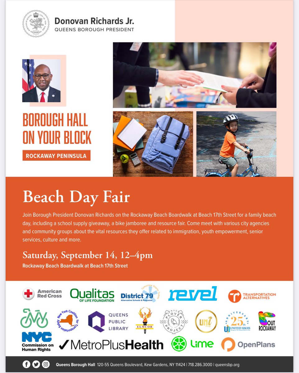 OutRockaway's tweet photo. Beach Day Fair: Saturday, September 14th from 12-4pm.

Join @QnsBPRichards on the Rockaway Beach Boardwalk at Beach 17 for a school supply giveaway, a bike jamboree and resource fair. 

@outrockaway will be there with some fun giveaways &amp; a sign up sheet for future events. https://t.co/2TKKuJeDqG