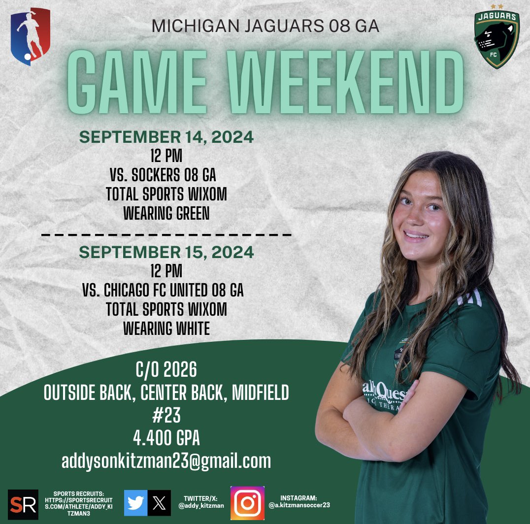Addy Kitzman (C/O 2026) (@addy_kitzman) on Twitter photo First <a href="/GAcademyLeague/">Girls Academy</a> games this weekend! Can’t wait to get the 24-25 season started with <a href="/JaguarsAcademy/">Michigan Jaguars FC Academy</a>!
<a href="/ImYouthSoccer/">ECNL/GA/Recruiting/College Soccer</a> <a href="/ImCollegeSoccer/">College Soccer Truth ™</a> <a href="/PrepSoccer/">Prep Soccer ⚽️</a> <a href="/wearesoccer_mi/">We Are Soccer Michigan</a> First <a href="/GAcademyLeague/">Girls Academy</a> games this weekend! Can’t wait to get the 24-25 season started with <a href="/JaguarsAcademy/">Michigan Jaguars FC Academy</a>!
<a href="/ImYouthSoccer/">ECNL/GA/Recruiting/College Soccer</a> <a href="/ImCollegeSoccer/">College Soccer Truth ™</a> <a href="/PrepSoccer/">Prep Soccer ⚽️</a> <a href="/wearesoccer_mi/">We Are Soccer Michigan</a>