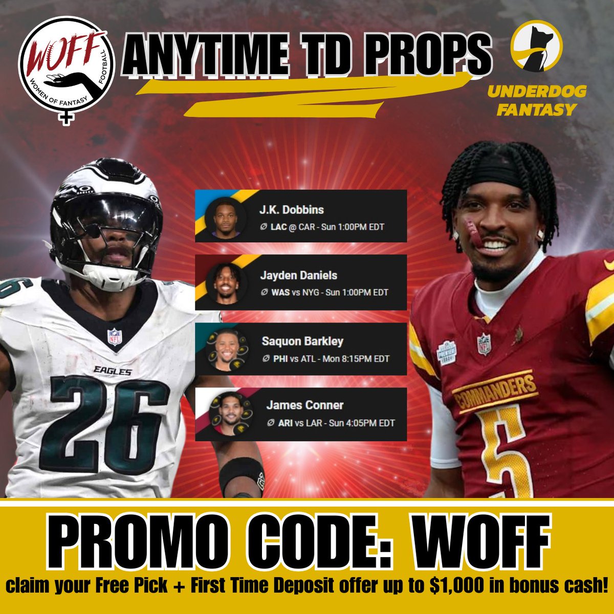 Did you catch our new show Cleat Dreams w/ <a href="/KellyInPhoenix/">Kelly Singh</a> &amp; <a href="/ReneeFreakNFL/">Renee NFL</a>? Build a TD prop parlay w/ them on Underdog!

Sign up w/ code WOFF for a Free Pick + a First Time Deposit offer up to $1,000 in bonus cash! #WOFF

🐶🔗: bit.ly/3B4SqPQ
📺: bit.ly/3Zoaajg