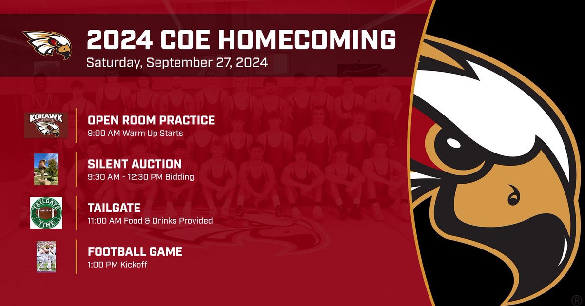 Only ✌🏼 weeks out from Coe Homecoming! 
Everyone is welcome to attend our annual Open Room Practice, Silent Auction and Tailgate! 🤼‍♂️🏈🍻🍔🇺🇸