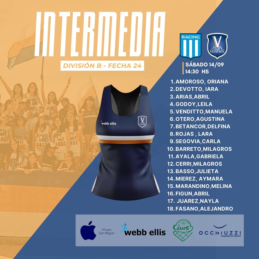 Vamos Vicente 💙🧡🤍

Les compartimos los equipos del Plantel Superior B, que se enfrentarán de visitante a <a href="/RacingClub/">Racing Club</a>.

¡Éxitos chicas!