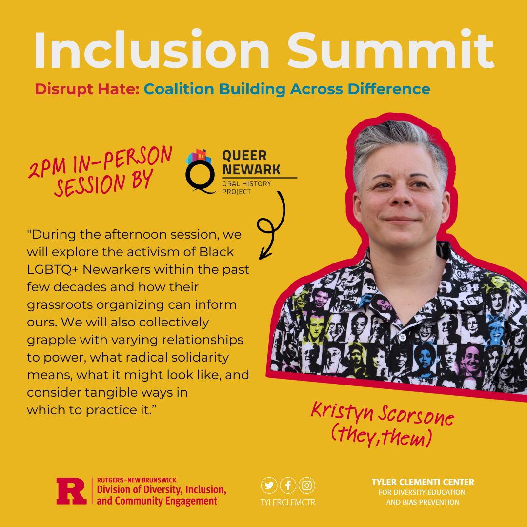 This year's Inclusion Summit features the work of the Queer Newark Oral History Project
✅ The oral histories will be available to listen to during the first half of the Inclusion Summit.
✅ 2pm in-person session with Dr. Kristyn Scorsone
📌go.rutgers.edu/InclusionSummi…